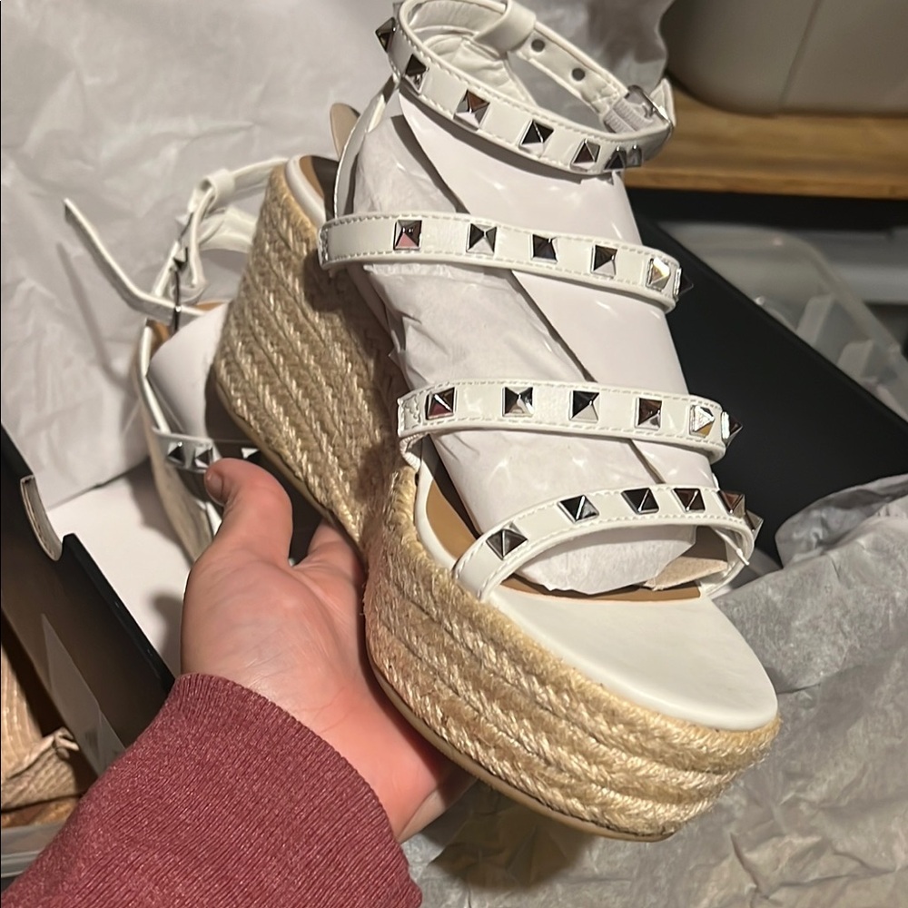 Studded White Espadrille Wedge Sandals